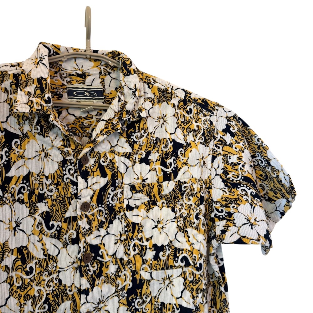 Ocean Pacific OP Med Floral Textured Cotton Button Shirt Yellow VTG Loop Collar - Picture 5 of 11